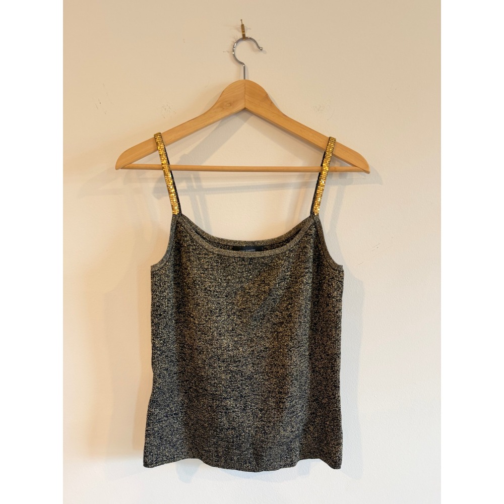 Vintage Glam Silk Blend Metallic Gold Black Knit Cami Tank Top Beaded Strap LG